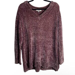 Orvis Size Xl Chenille Crushed Velvet Pullover V-Neck Sweater Mauve Pink Ribbed